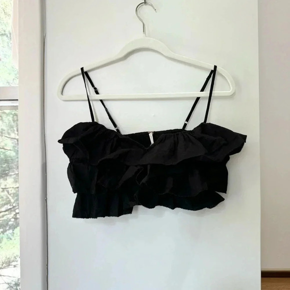 New Free People Danelle Set Two Piece Wide Leg Pants Crop Top Ruffle Black - Picture 8 of 17